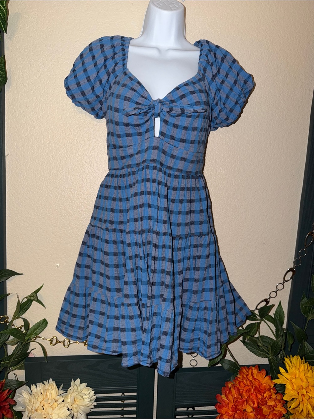 Trixxi Dress Francescas XL Extra Large Plaid Tie-Front Puff Sleeve Mini New